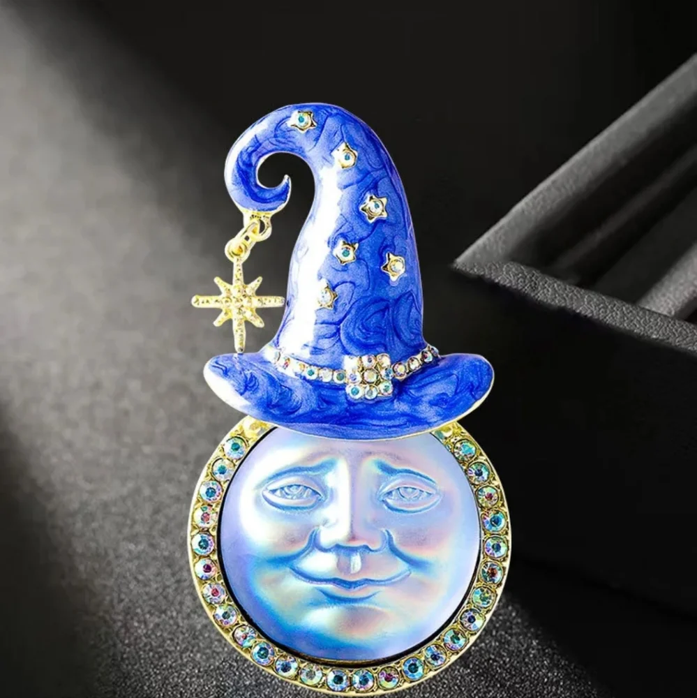 Moon Witch brooch pin enamel vintage style New 18k GP Swarovski crystals Ab - Picture 12 of 13